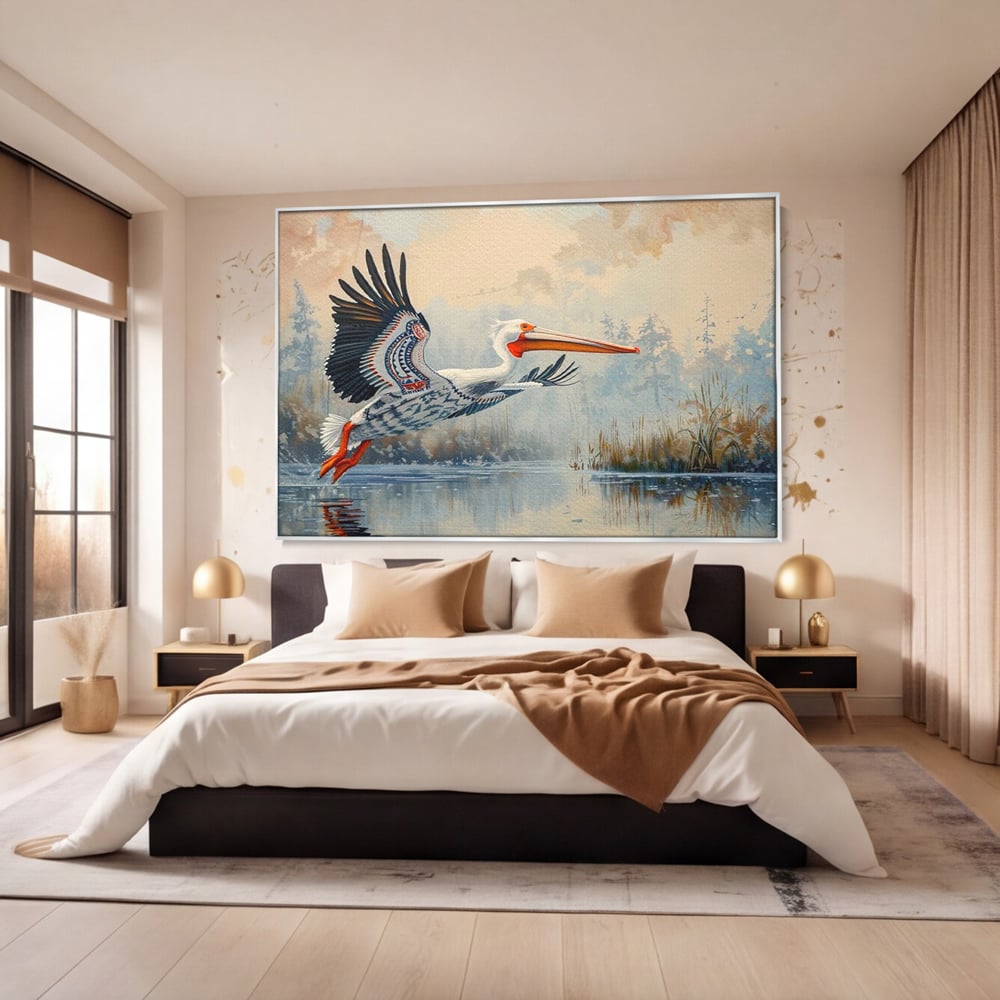 Tablou Canvas Premium, LuxCanva® M1020, Aripi Pierdute in Ceata, Pelican, Natura, Apa, Mlastina, Ceata, Aripi, Penaj, Pasare, Tribal, Birou, Living, Camera Copii