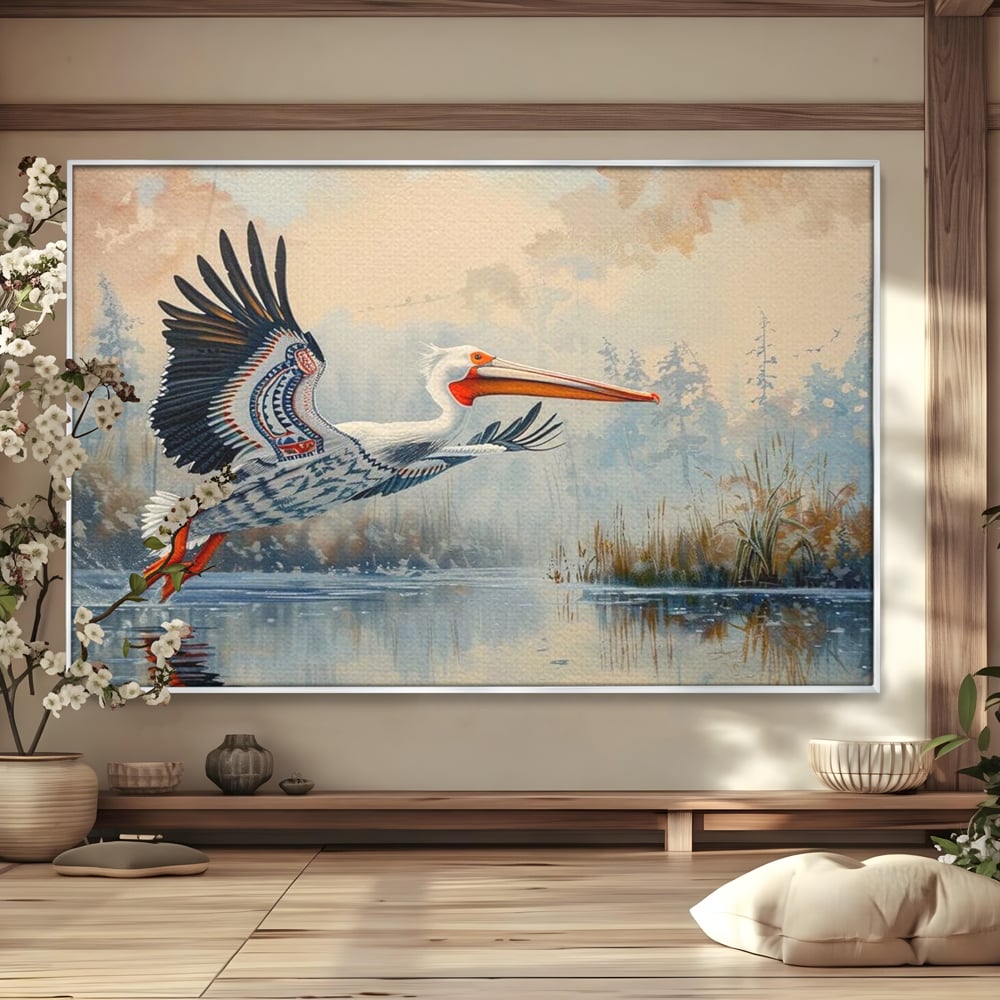 Tablou Canvas Premium, LuxCanva® M1020, Aripi Pierdute in Ceata, Pelican, Natura, Apa, Mlastina, Ceata, Aripi, Penaj, Pasare, Tribal, Birou, Living, Camera Copii