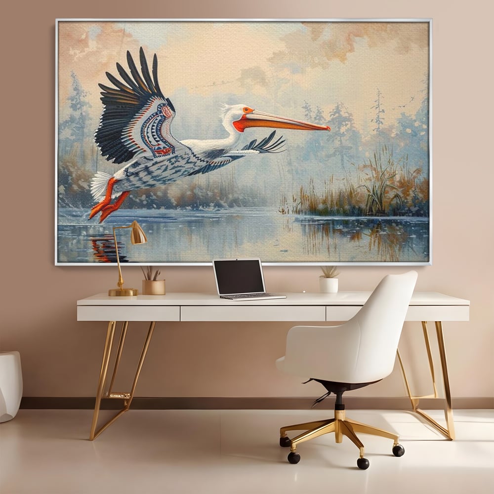 Tablou Canvas Premium, LuxCanva® M1020, Aripi Pierdute in Ceata, Pelican, Natura, Apa, Mlastina, Ceata, Aripi, Penaj, Pasare, Tribal, Birou, Living, Camera Copii