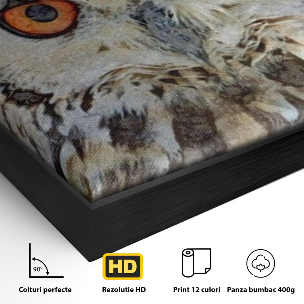 Tablou Canvas Premium, LuxCanva® M1022, Bufnita Pictata in Ceata, Bufnita, Pasare, Intelepciune, Mister, Privire, Penaj, Minimalist, Birou, Living, Camera Copii
