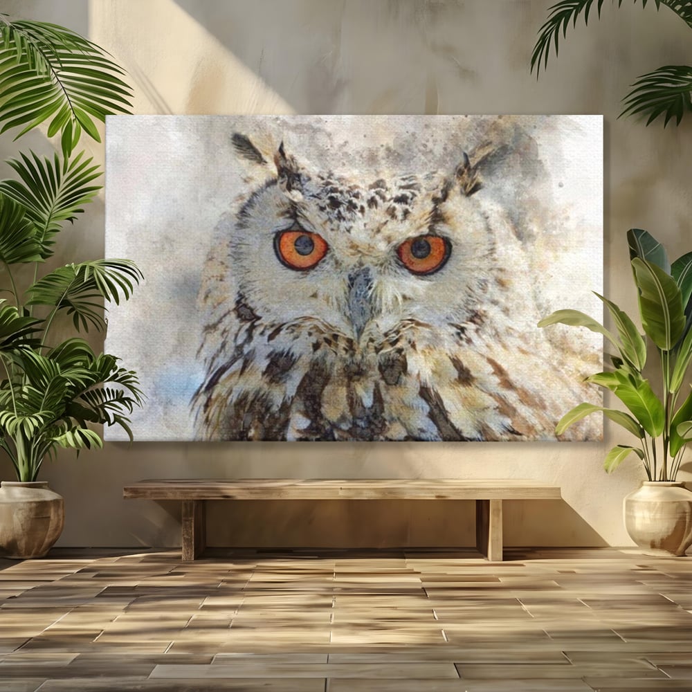 Tablou Canvas Premium, LuxCanva® M1022, Bufnita Pictata in Ceata, Bufnita, Pasare, Intelepciune, Mister, Privire, Penaj, Minimalist, Birou, Living, Camera Copii