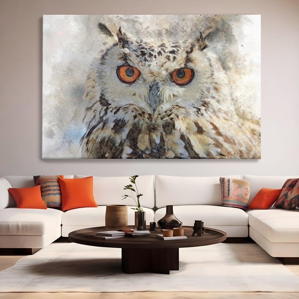 Tablou Canvas Premium, LuxCanva® M1022, Bufnita Pictata in Ceata, Bufnita, Pasare, Intelepciune, Mister, Privire, Penaj, Minimalist, Birou, Living, Camera Copii