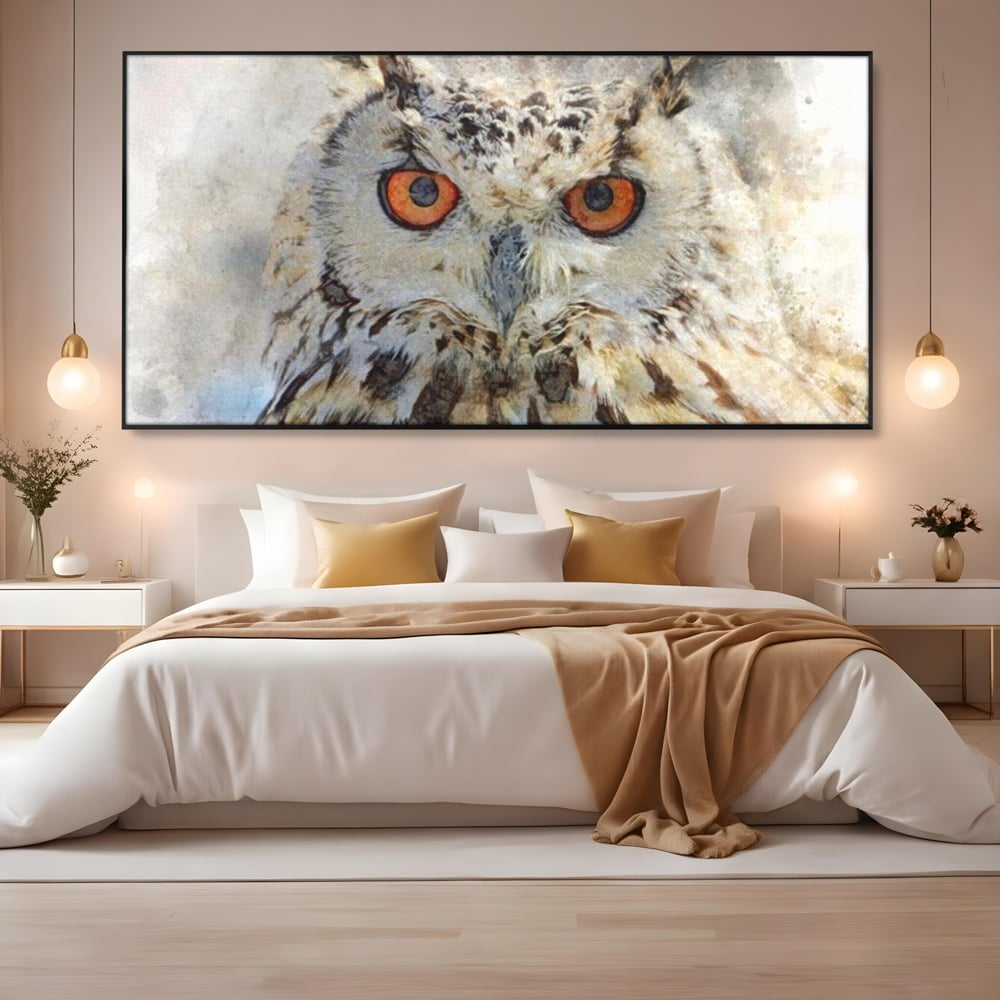 Tablou Canvas Premium, LuxCanva® M1022, Bufnita Pictata in Ceata, Bufnita, Pasare, Intelepciune, Mister, Privire, Penaj, Minimalist, Birou, Living, Camera Copii