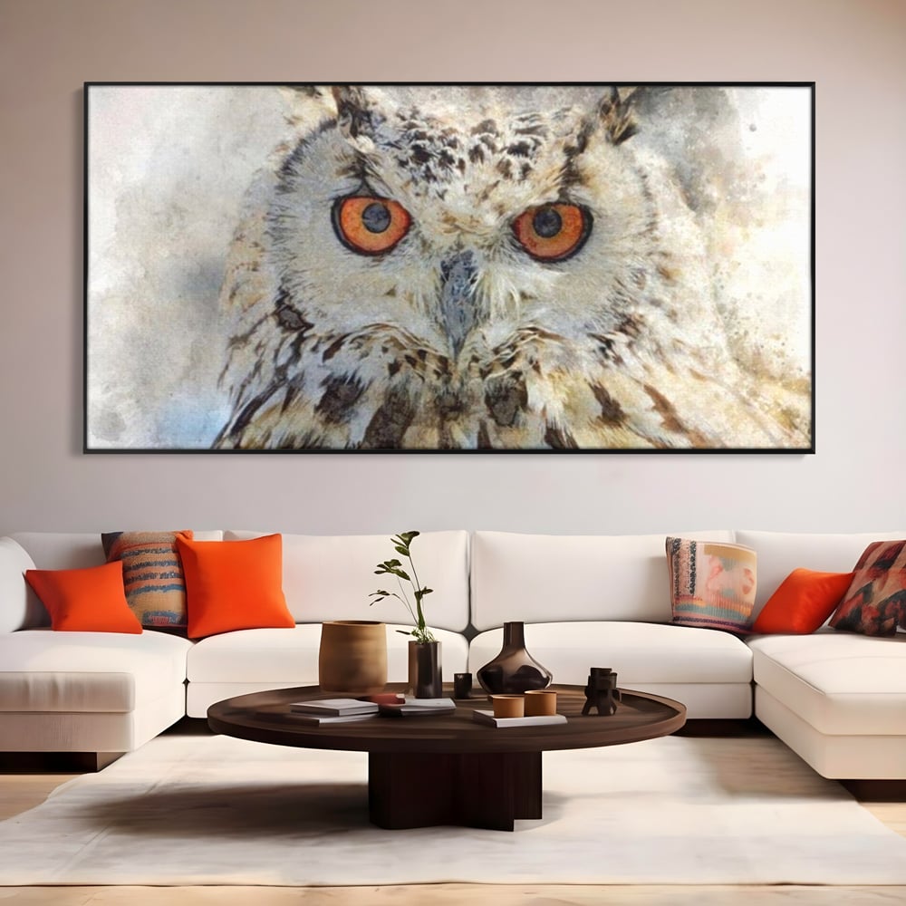 Tablou Canvas Premium, LuxCanva® M1022, Bufnita Pictata in Ceata, Bufnita, Pasare, Intelepciune, Mister, Privire, Penaj, Minimalist, Birou, Living, Camera Copii