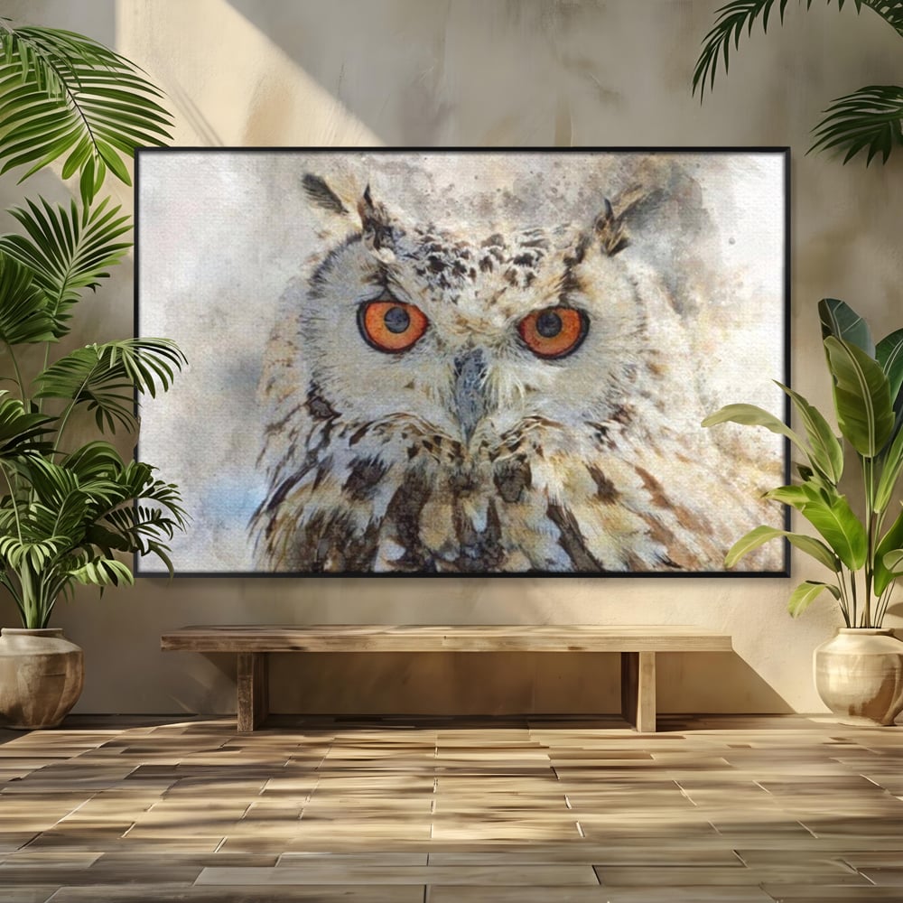 Tablou Canvas Premium, LuxCanva® M1022, Bufnita Pictata in Ceata, Bufnita, Pasare, Intelepciune, Mister, Privire, Penaj, Minimalist, Birou, Living, Camera Copii
