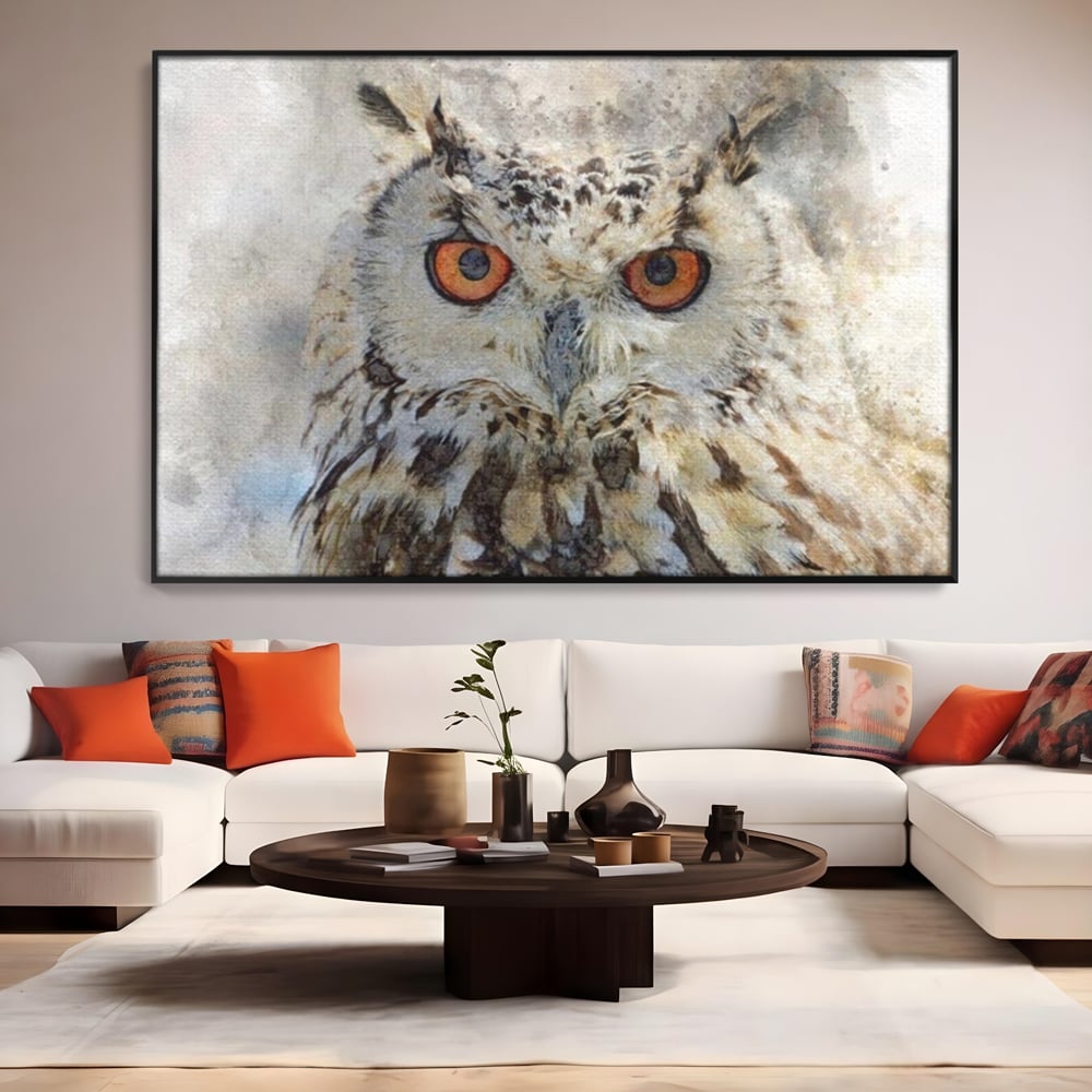 Tablou Canvas Premium, LuxCanva® M1022, Bufnita Pictata in Ceata, Bufnita, Pasare, Intelepciune, Mister, Privire, Penaj, Minimalist, Birou, Living, Camera Copii