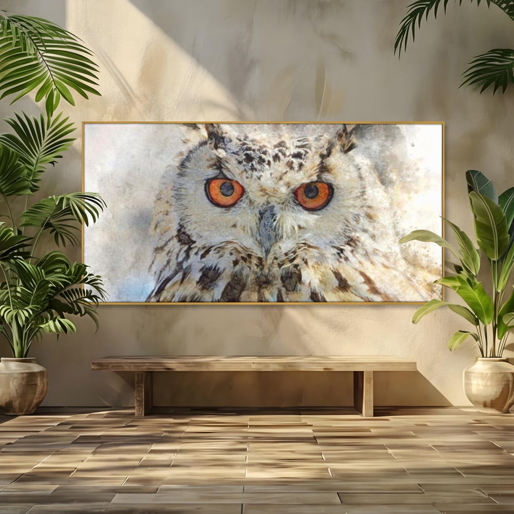 Tablou Canvas Premium, LuxCanva® M1022, Bufnita Pictata in Ceata, Bufnita, Pasare, Intelepciune, Mister, Privire, Penaj, Minimalist, Birou, Living, Camera Copii
