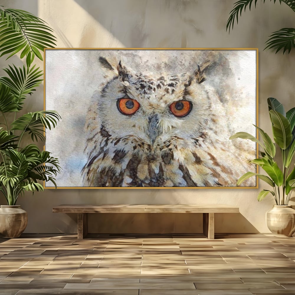 Tablou Canvas Premium, LuxCanva® M1022, Bufnita Pictata in Ceata, Bufnita, Pasare, Intelepciune, Mister, Privire, Penaj, Minimalist, Birou, Living, Camera Copii