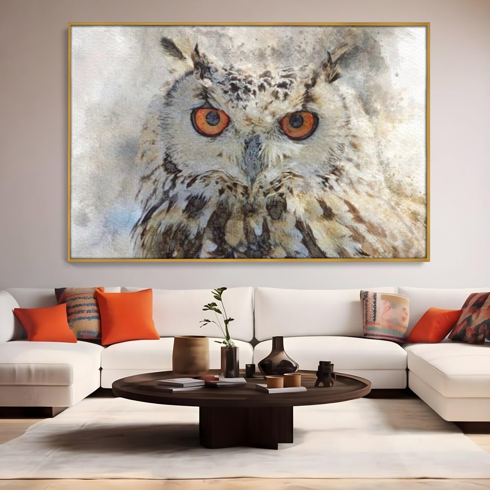 Tablou Canvas Premium, LuxCanva® M1022, Bufnita Pictata in Ceata, Bufnita, Pasare, Intelepciune, Mister, Privire, Penaj, Minimalist, Birou, Living, Camera Copii