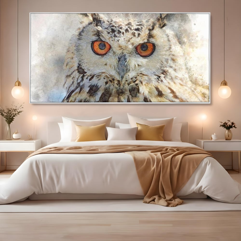 Tablou Canvas Premium, LuxCanva® M1022, Bufnita Pictata in Ceata, Bufnita, Pasare, Intelepciune, Mister, Privire, Penaj, Minimalist, Birou, Living, Camera Copii