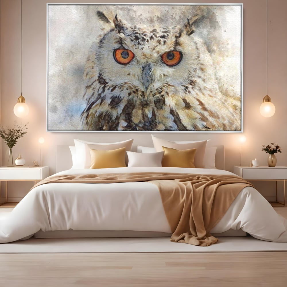 Tablou Canvas Premium, LuxCanva® M1022, Bufnita Pictata in Ceata, Bufnita, Pasare, Intelepciune, Mister, Privire, Penaj, Minimalist, Birou, Living, Camera Copii