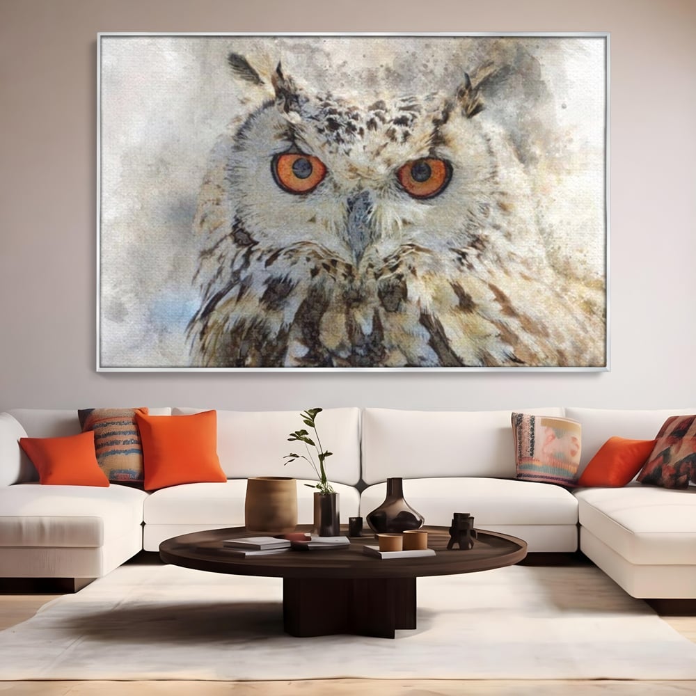 Tablou Canvas Premium, LuxCanva® M1022, Bufnita Pictata in Ceata, Bufnita, Pasare, Intelepciune, Mister, Privire, Penaj, Minimalist, Birou, Living, Camera Copii