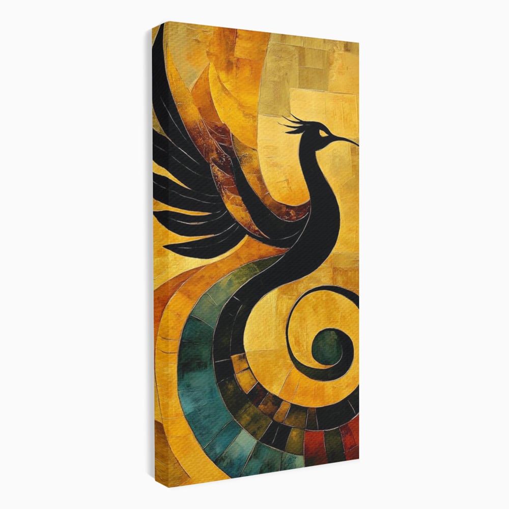 Leinwand Wandbilder Premium, LuxCanva® M1023, Abstrakte Wiedergeburt, Vogel, Fliegen, Silhouette, Flügel, Schwanz, Elegant, Abstrakt, Modern, Mythologie, Büro, Wohnen, Kinderzimmer