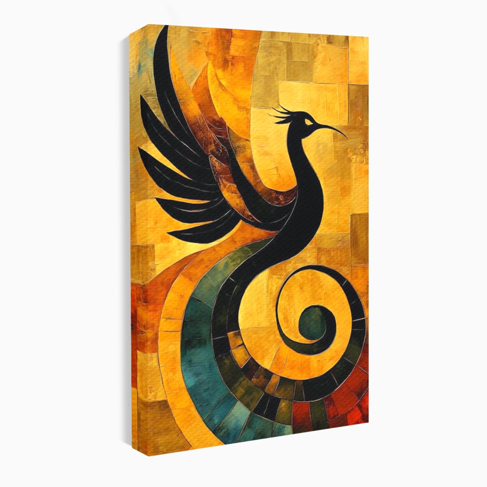 Leinwand Wandbilder Premium, LuxCanva® M1023, Abstrakte Wiedergeburt, Vogel, Fliegen, Silhouette, Flügel, Schwanz, Elegant, Abstrakt, Modern, Mythologie, Büro, Wohnen, Kinderzimmer
