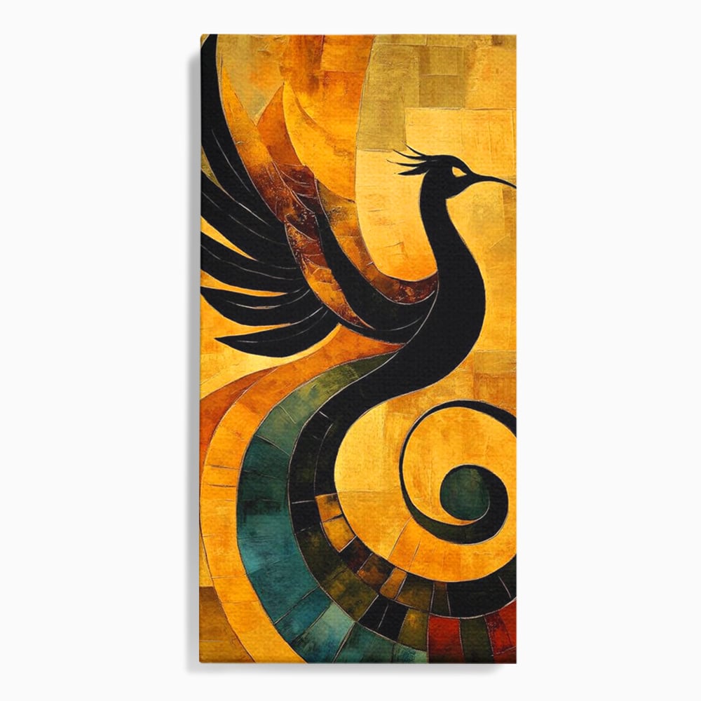 Leinwand Wandbilder Premium, LuxCanva® M1023, Abstrakte Wiedergeburt, Vogel, Fliegen, Silhouette, Flügel, Schwanz, Elegant, Abstrakt, Modern, Mythologie, Büro, Wohnen, Kinderzimmer