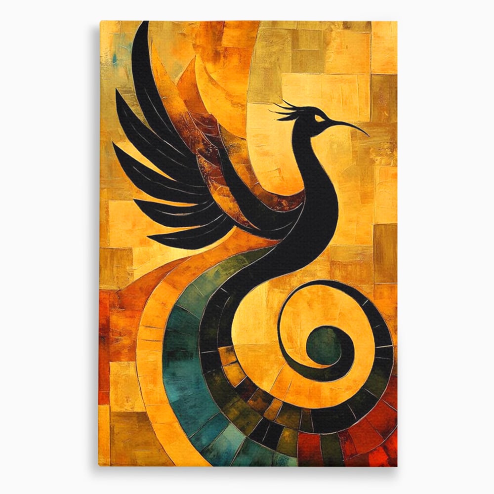 Leinwand Wandbilder Premium, LuxCanva® M1023, Abstrakte Wiedergeburt, Vogel, Fliegen, Silhouette, Flügel, Schwanz, Elegant, Abstrakt, Modern, Mythologie, Büro, Wohnen, Kinderzimmer
