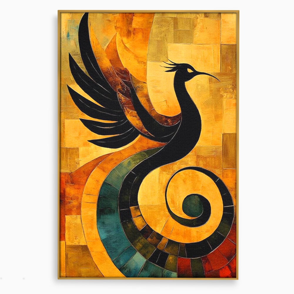 Leinwand Wandbilder Premium, LuxCanva® M1023, Abstrakte Wiedergeburt, Vogel, Fliegen, Silhouette, Flügel, Schwanz, Elegant, Abstrakt, Modern, Mythologie, Büro, Wohnen, Kinderzimmer