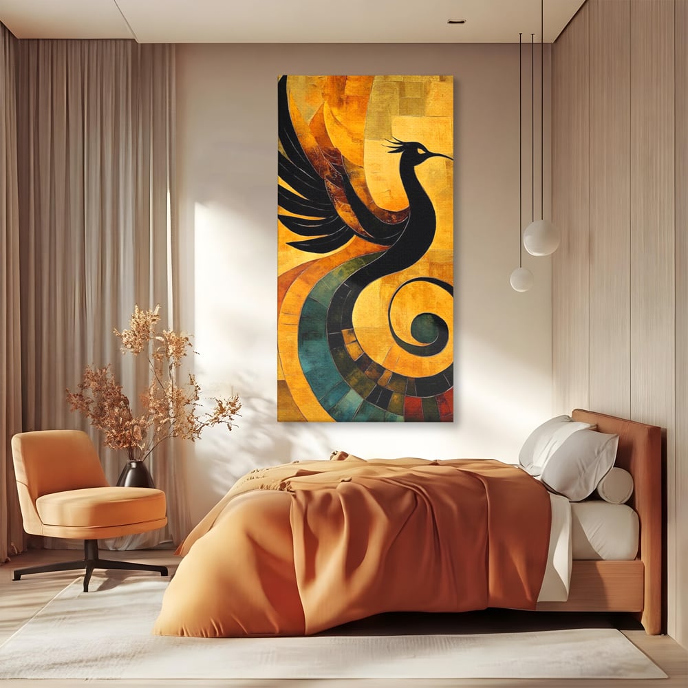 Leinwand Wandbilder Premium, LuxCanva® M1023, Abstrakte Wiedergeburt, Vogel, Fliegen, Silhouette, Flügel, Schwanz, Elegant, Abstrakt, Modern, Mythologie, Büro, Wohnen, Kinderzimmer