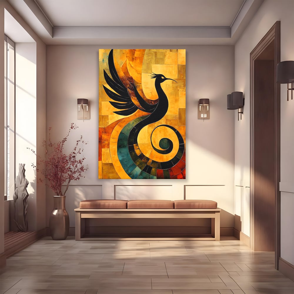 Leinwand Wandbilder Premium, LuxCanva® M1023, Abstrakte Wiedergeburt, Vogel, Fliegen, Silhouette, Flügel, Schwanz, Elegant, Abstrakt, Modern, Mythologie, Büro, Wohnen, Kinderzimmer