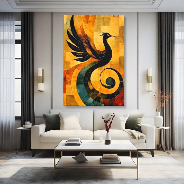 Leinwand Wandbilder Premium, LuxCanva® M1023, Abstrakte Wiedergeburt, Vogel, Fliegen, Silhouette, Flügel, Schwanz, Elegant, Abstrakt, Modern, Mythologie, Büro, Wohnen, Kinderzimmer