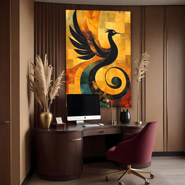Leinwand Wandbilder Premium, LuxCanva® M1023, Abstrakte Wiedergeburt, Vogel, Fliegen, Silhouette, Flügel, Schwanz, Elegant, Abstrakt, Modern, Mythologie, Büro, Wohnen, Kinderzimmer