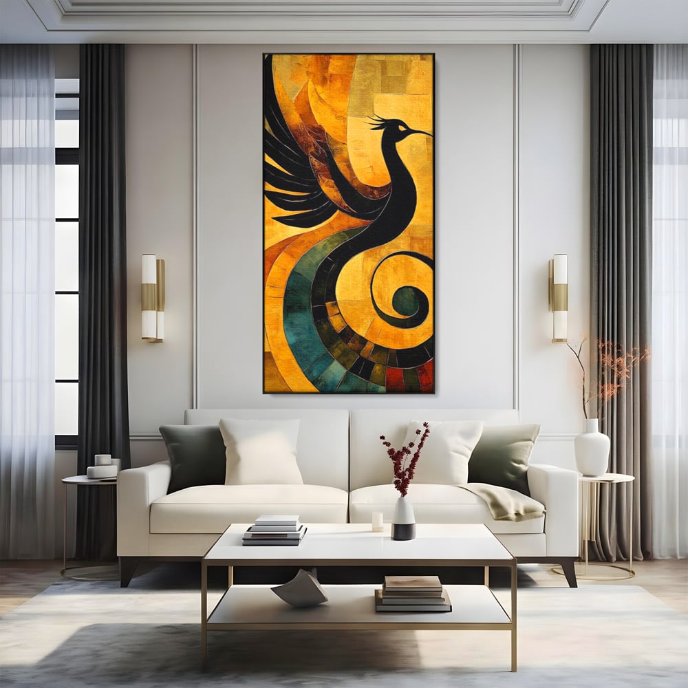 Leinwand Wandbilder Premium, LuxCanva® M1023, Abstrakte Wiedergeburt, Vogel, Fliegen, Silhouette, Flügel, Schwanz, Elegant, Abstrakt, Modern, Mythologie, Büro, Wohnen, Kinderzimmer