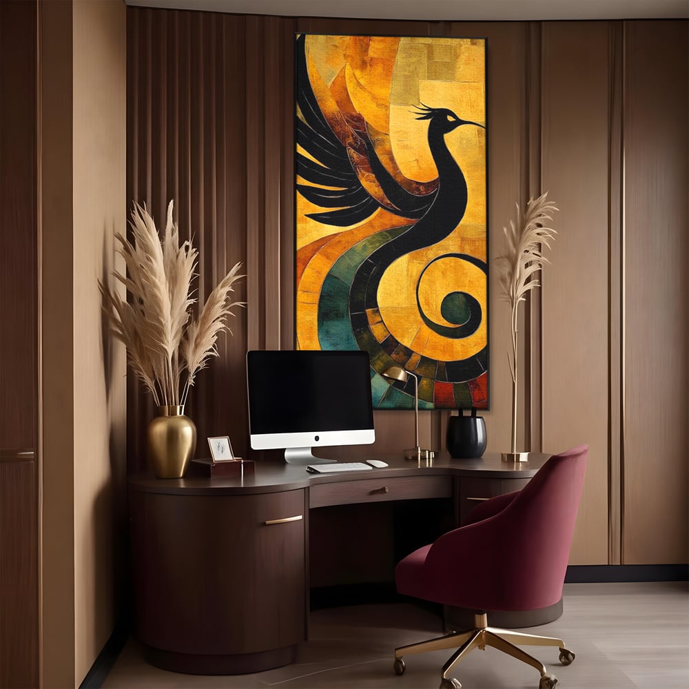 Leinwand Wandbilder Premium, LuxCanva® M1023, Abstrakte Wiedergeburt, Vogel, Fliegen, Silhouette, Flügel, Schwanz, Elegant, Abstrakt, Modern, Mythologie, Büro, Wohnen, Kinderzimmer