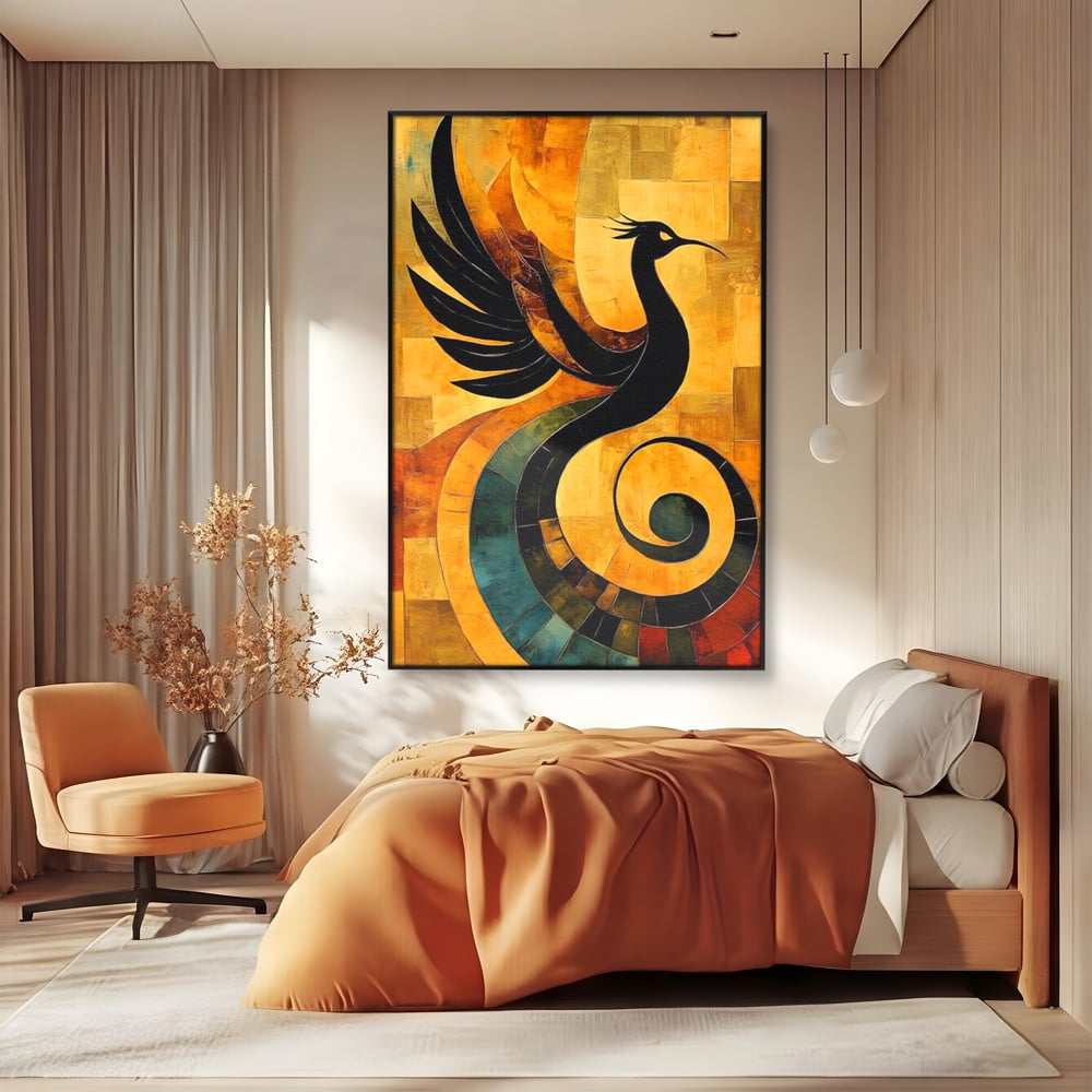 Leinwand Wandbilder Premium, LuxCanva® M1023, Abstrakte Wiedergeburt, Vogel, Fliegen, Silhouette, Flügel, Schwanz, Elegant, Abstrakt, Modern, Mythologie, Büro, Wohnen, Kinderzimmer