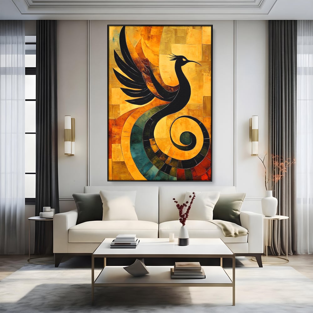 Leinwand Wandbilder Premium, LuxCanva® M1023, Abstrakte Wiedergeburt, Vogel, Fliegen, Silhouette, Flügel, Schwanz, Elegant, Abstrakt, Modern, Mythologie, Büro, Wohnen, Kinderzimmer