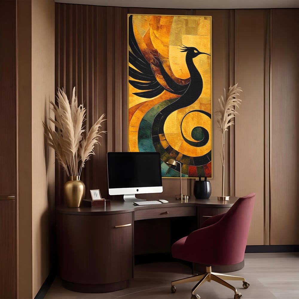 Leinwand Wandbilder Premium, LuxCanva® M1023, Abstrakte Wiedergeburt, Vogel, Fliegen, Silhouette, Flügel, Schwanz, Elegant, Abstrakt, Modern, Mythologie, Büro, Wohnen, Kinderzimmer