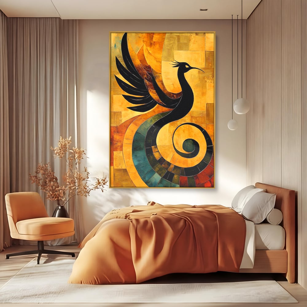 Leinwand Wandbilder Premium, LuxCanva® M1023, Abstrakte Wiedergeburt, Vogel, Fliegen, Silhouette, Flügel, Schwanz, Elegant, Abstrakt, Modern, Mythologie, Büro, Wohnen, Kinderzimmer