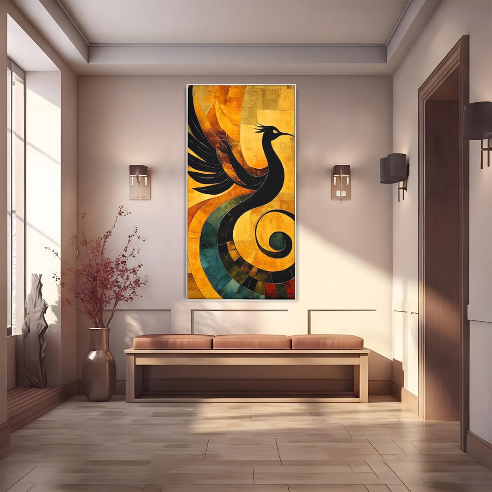 Leinwand Wandbilder Premium, LuxCanva® M1023, Abstrakte Wiedergeburt, Vogel, Fliegen, Silhouette, Flügel, Schwanz, Elegant, Abstrakt, Modern, Mythologie, Büro, Wohnen, Kinderzimmer