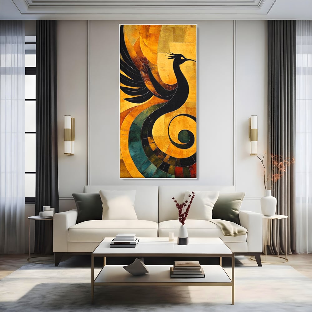 Leinwand Wandbilder Premium, LuxCanva® M1023, Abstrakte Wiedergeburt, Vogel, Fliegen, Silhouette, Flügel, Schwanz, Elegant, Abstrakt, Modern, Mythologie, Büro, Wohnen, Kinderzimmer