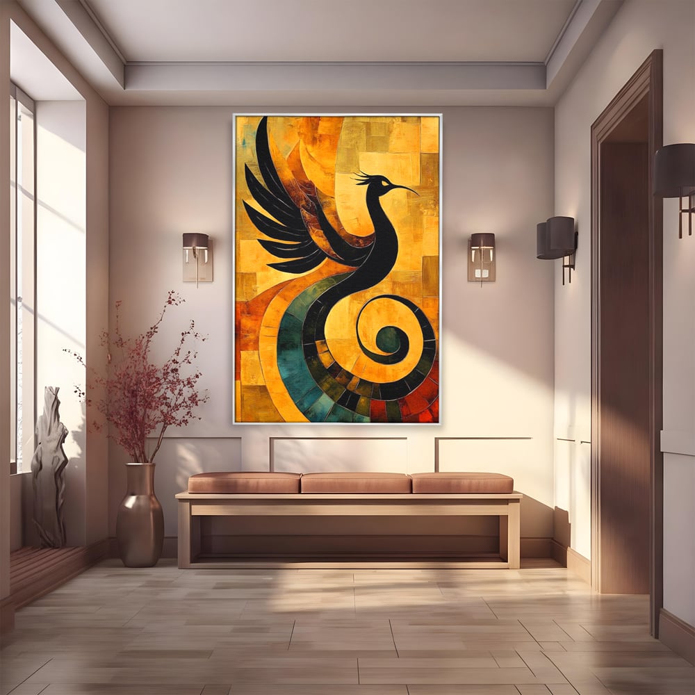 Leinwand Wandbilder Premium, LuxCanva® M1023, Abstrakte Wiedergeburt, Vogel, Fliegen, Silhouette, Flügel, Schwanz, Elegant, Abstrakt, Modern, Mythologie, Büro, Wohnen, Kinderzimmer