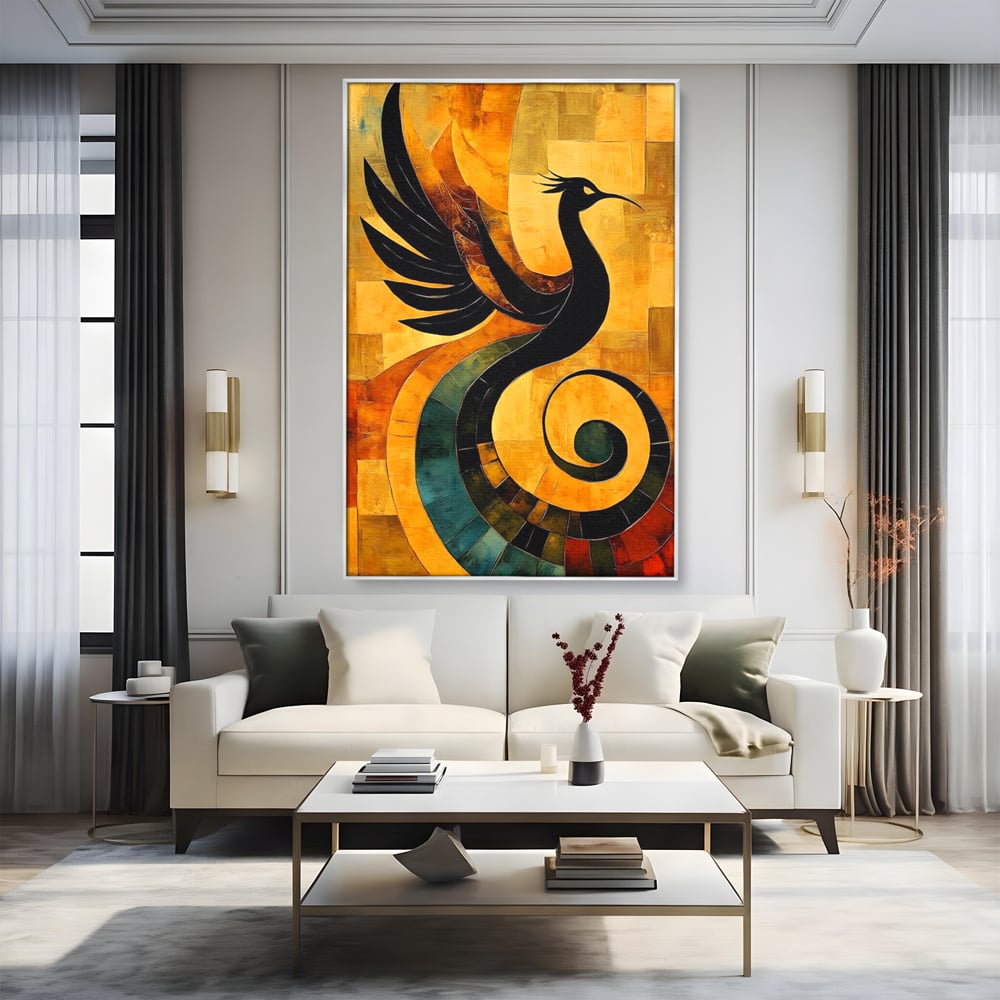 Leinwand Wandbilder Premium, LuxCanva® M1023, Abstrakte Wiedergeburt, Vogel, Fliegen, Silhouette, Flügel, Schwanz, Elegant, Abstrakt, Modern, Mythologie, Büro, Wohnen, Kinderzimmer