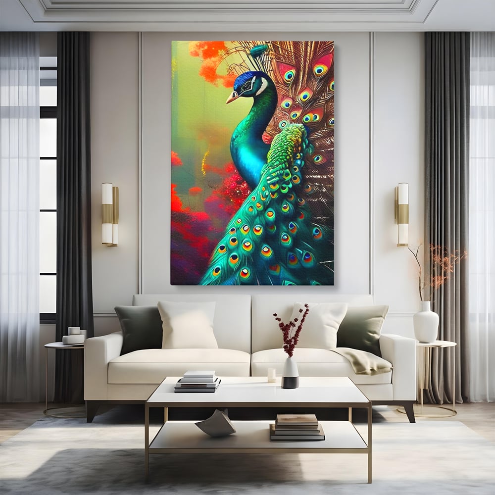 Leinwand Wandbilder Canvas Premium, LuxCanva® M1027, Exotische Pracht, Pfau, Vogel, Schwanz, Elegant, Mystisch, Edel, Bohème, Exotisch, Tropisch, Büro, Wohnen, Kinderzimmer