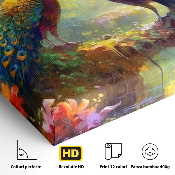 Tablou Canvas Premium, LuxCanva® M1028, Incoronati de Natura, Pauni, Cuplu, Pasari, Natura, Pereche, Flori, Romantic, Basm, Eleganta, Birou, Living, Camera Copii