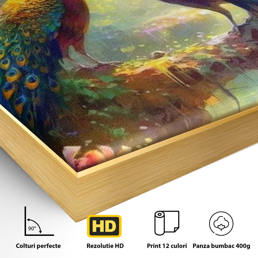 Tablou Canvas Premium, LuxCanva® M1028, Incoronati de Natura, Pauni, Cuplu, Pasari, Natura, Pereche, Flori, Romantic, Basm, Eleganta, Birou, Living, Camera Copii