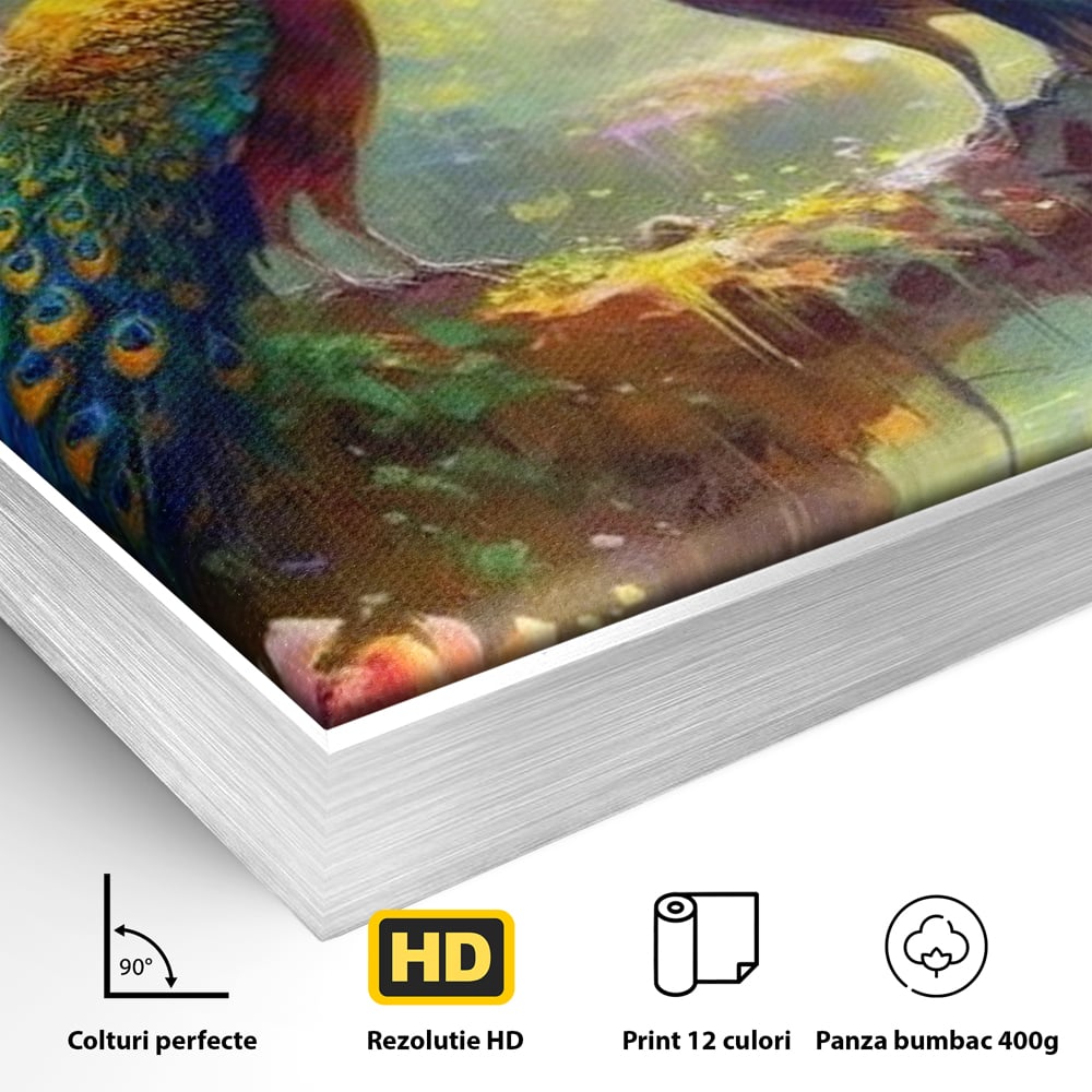 Tablou Canvas Premium, LuxCanva® M1028, Incoronati de Natura, Pauni, Cuplu, Pasari, Natura, Pereche, Flori, Romantic, Basm, Eleganta, Birou, Living, Camera Copii