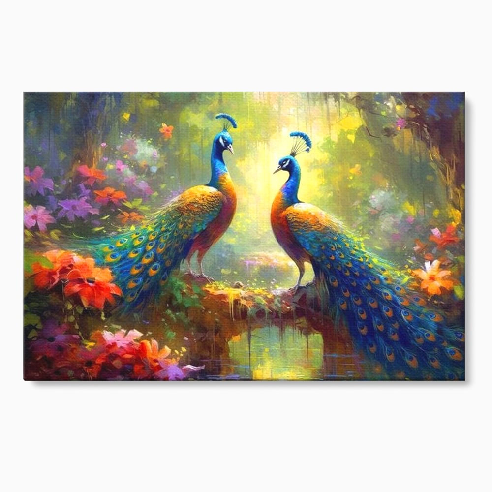 Tablou Canvas Premium, LuxCanva® M1028, Incoronati de Natura, Pauni, Cuplu, Pasari, Natura, Pereche, Flori, Romantic, Basm, Eleganta, Birou, Living, Camera Copii