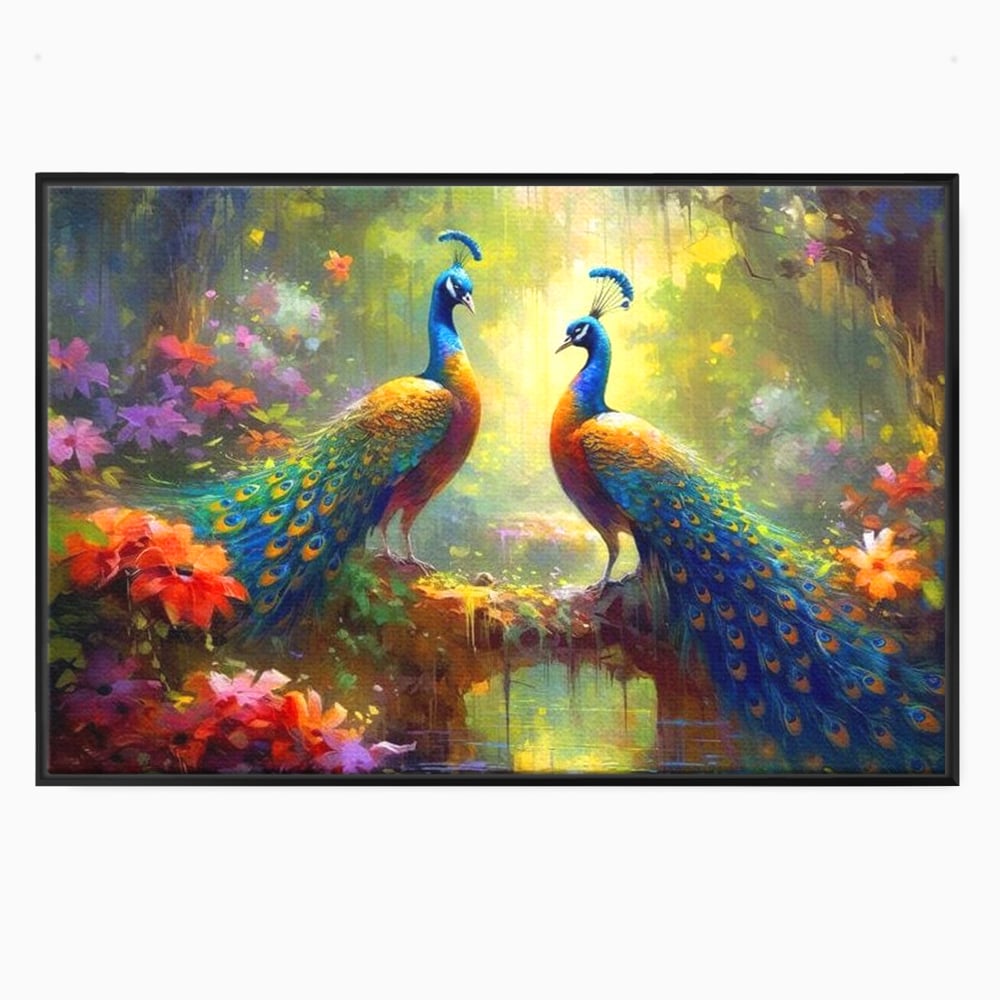 Tablou Canvas Premium, LuxCanva® M1028, Incoronati de Natura, Pauni, Cuplu, Pasari, Natura, Pereche, Flori, Romantic, Basm, Eleganta, Birou, Living, Camera Copii