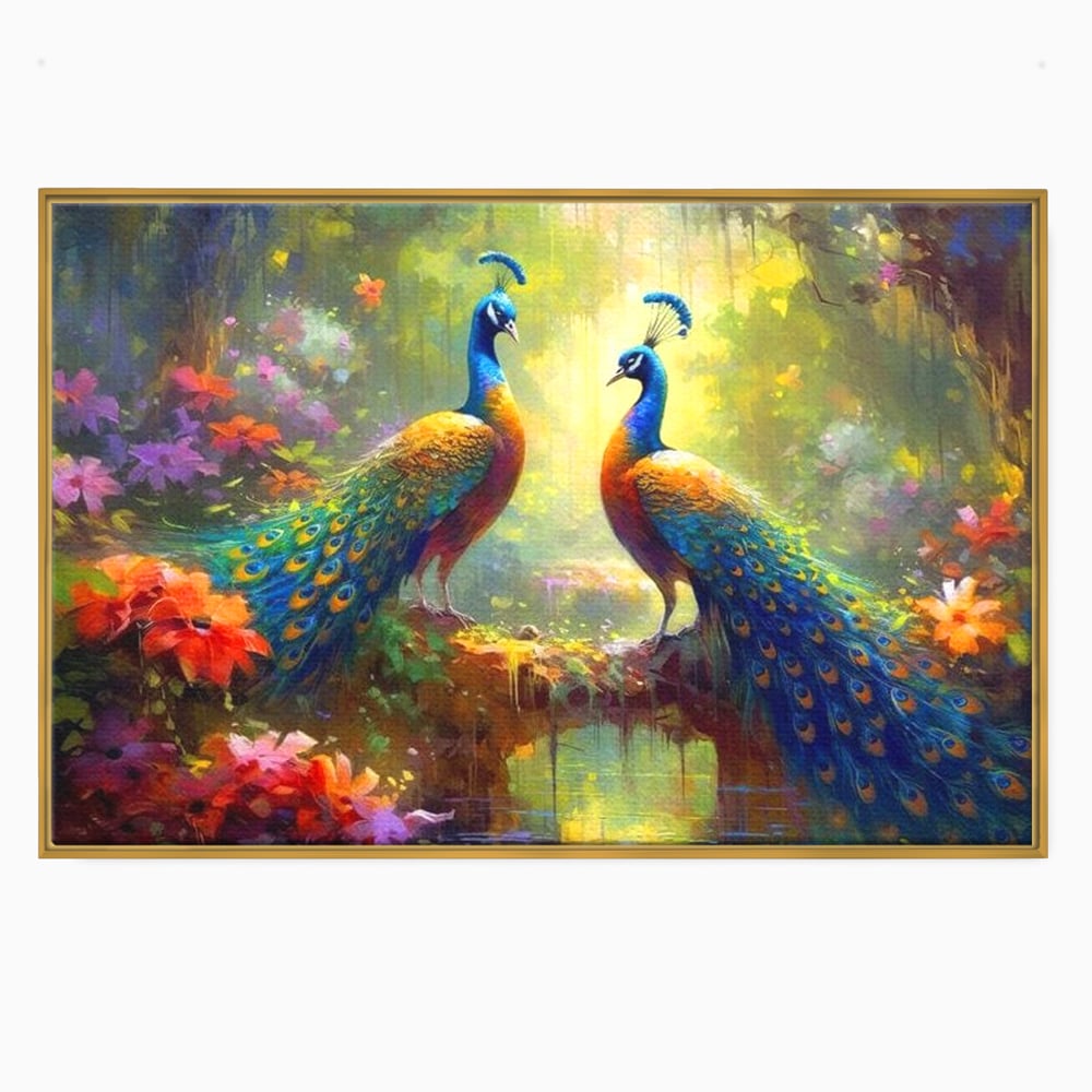 Tablou Canvas Premium, LuxCanva® M1028, Incoronati de Natura, Pauni, Cuplu, Pasari, Natura, Pereche, Flori, Romantic, Basm, Eleganta, Birou, Living, Camera Copii