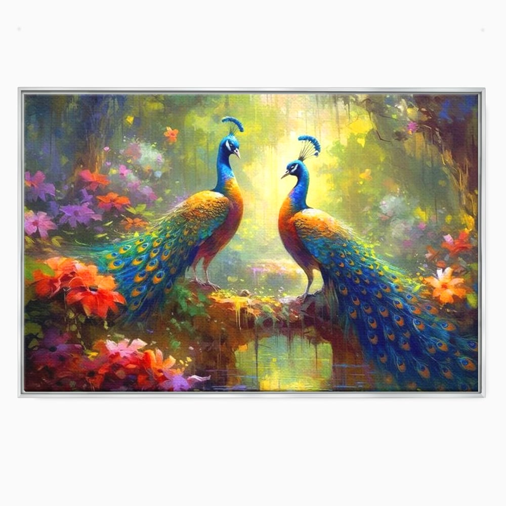 Tablou Canvas Premium, LuxCanva® M1028, Incoronati de Natura, Pauni, Cuplu, Pasari, Natura, Pereche, Flori, Romantic, Basm, Eleganta, Birou, Living, Camera Copii