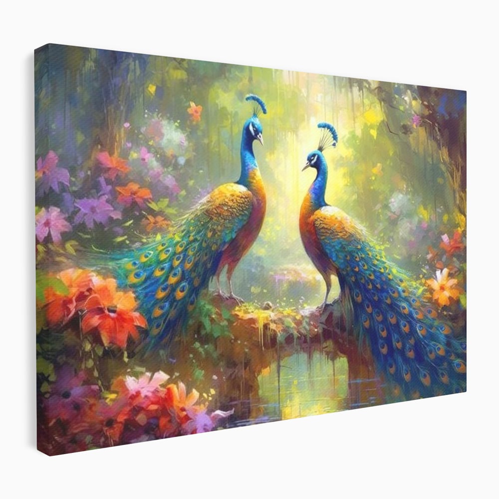 Tablou Canvas Premium, LuxCanva® M1028, Incoronati de Natura, Pauni, Cuplu, Pasari, Natura, Pereche, Flori, Romantic, Basm, Eleganta, Birou, Living, Camera Copii