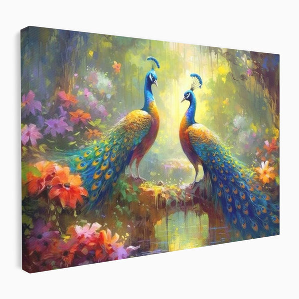 Tablou Canvas Premium, LuxCanva® M1028, Incoronati de Natura, Pauni, Cuplu, Pasari, Natura, Pereche, Flori, Romantic, Basm, Eleganta, Birou, Living, Camera Copii