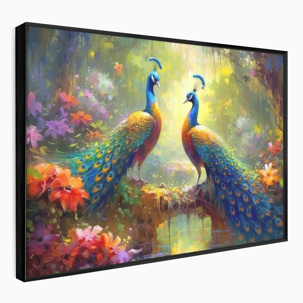 Tablou Canvas Premium, LuxCanva® M1028, Incoronati de Natura, Pauni, Cuplu, Pasari, Natura, Pereche, Flori, Romantic, Basm, Eleganta, Birou, Living, Camera Copii