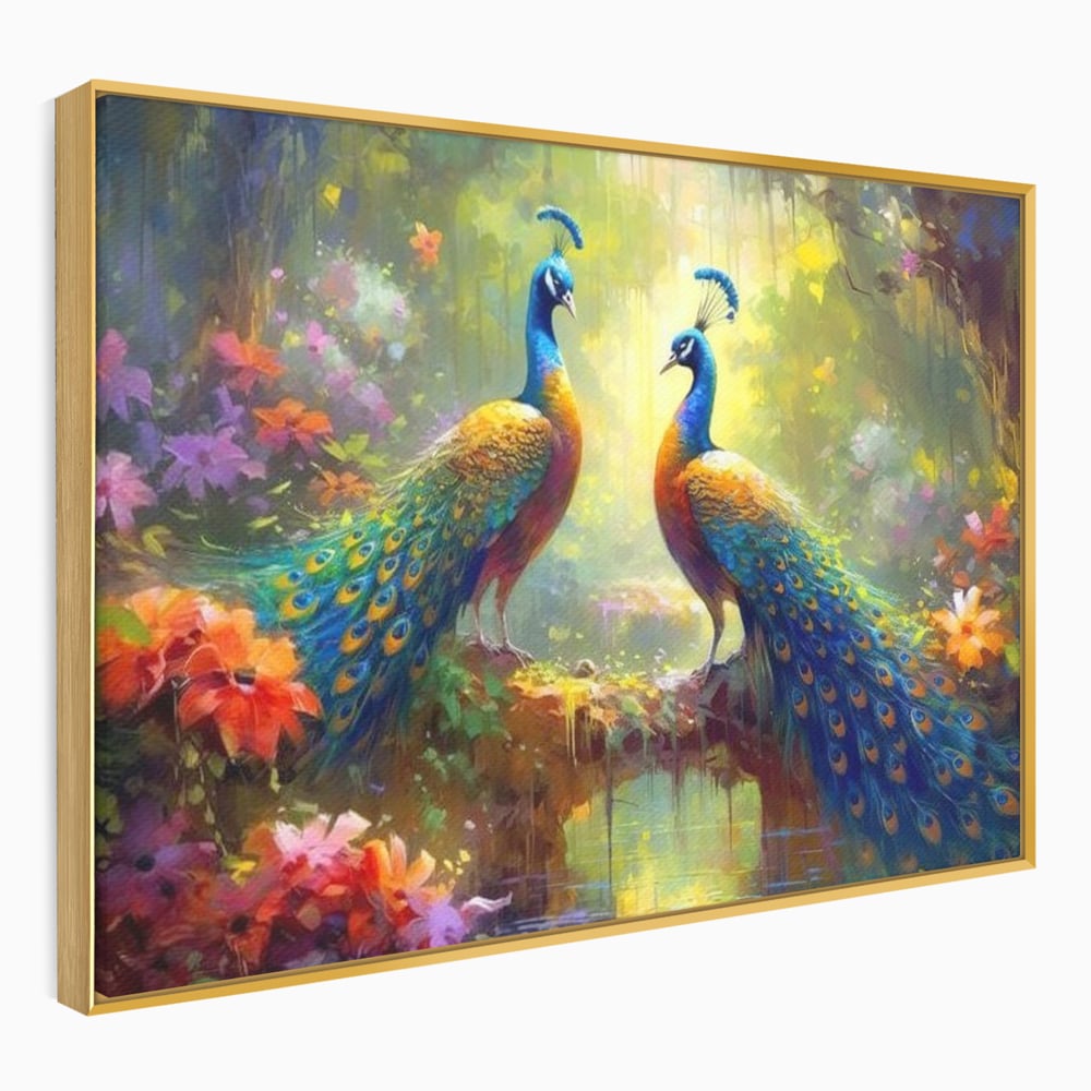 Tablou Canvas Premium, LuxCanva® M1028, Incoronati de Natura, Pauni, Cuplu, Pasari, Natura, Pereche, Flori, Romantic, Basm, Eleganta, Birou, Living, Camera Copii