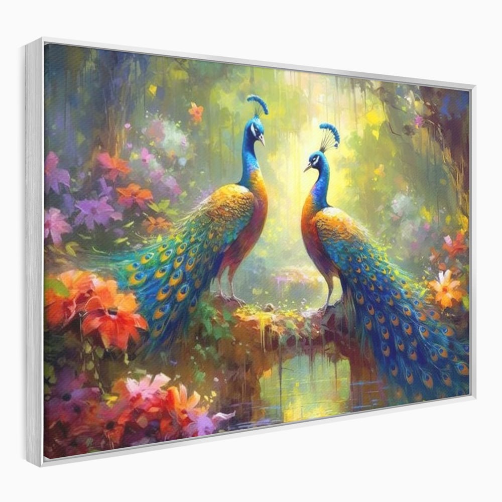 Tablou Canvas Premium, LuxCanva® M1028, Incoronati de Natura, Pauni, Cuplu, Pasari, Natura, Pereche, Flori, Romantic, Basm, Eleganta, Birou, Living, Camera Copii