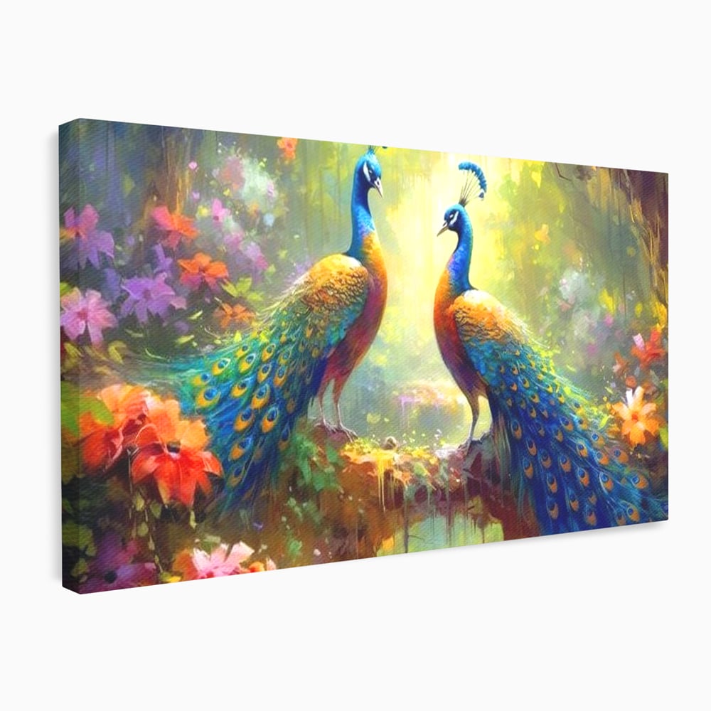 Tablou Canvas Premium, LuxCanva® M1028, Incoronati de Natura, Pauni, Cuplu, Pasari, Natura, Pereche, Flori, Romantic, Basm, Eleganta, Birou, Living, Camera Copii