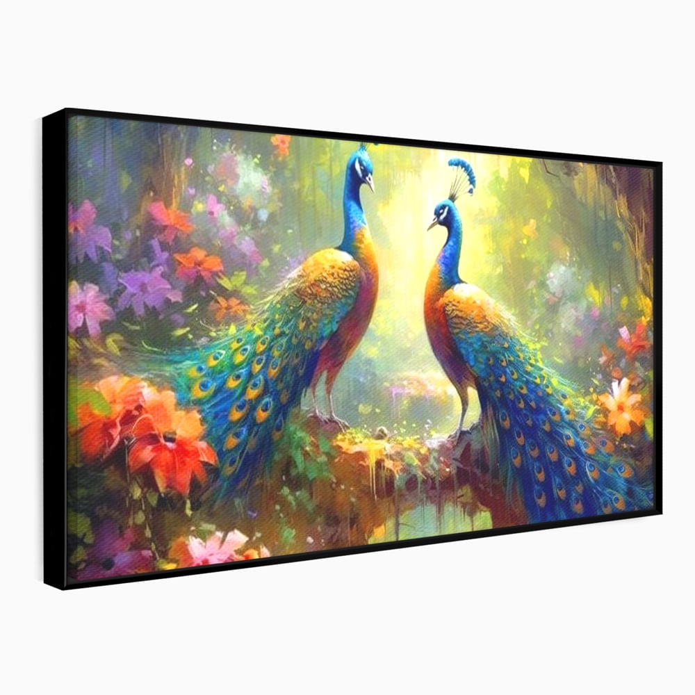 Tablou Canvas Premium, LuxCanva® M1028, Incoronati de Natura, Pauni, Cuplu, Pasari, Natura, Pereche, Flori, Romantic, Basm, Eleganta, Birou, Living, Camera Copii